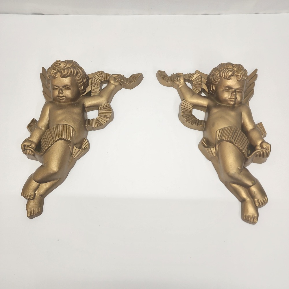 Vintage‎ 1970 Burwood Gold Cherub Angel Wall Plaques Pair 2020-1 2020-2
